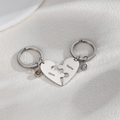 Customized Name Heart Shape Jigsaw Keychains With Birthstone