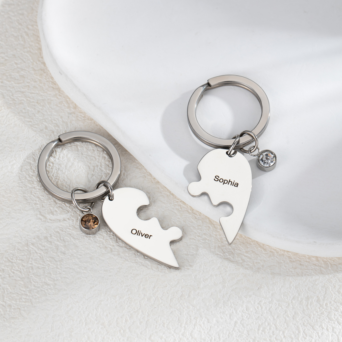 Customized Name Heart Shape Jigsaw Keychains With Birthstone