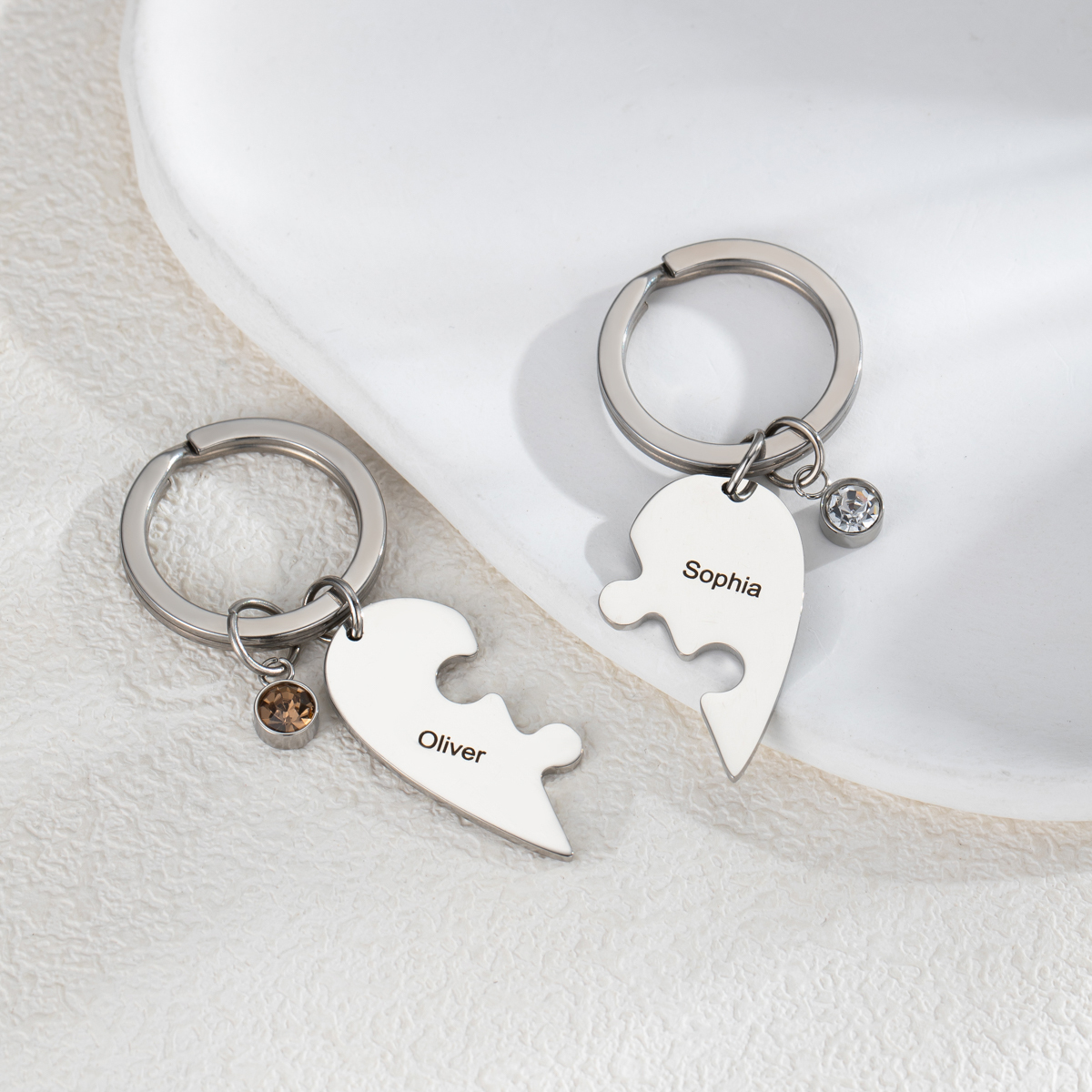 Customized Name Heart Shape Jigsaw Keychains With Birthstone