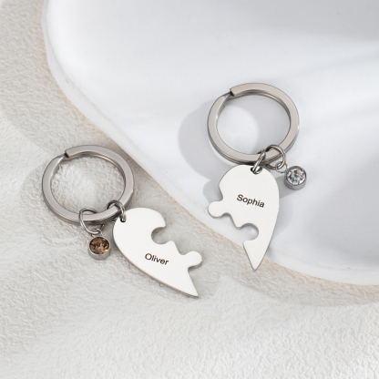Customized Name Heart Shape Jigsaw Keychains With Birthstone