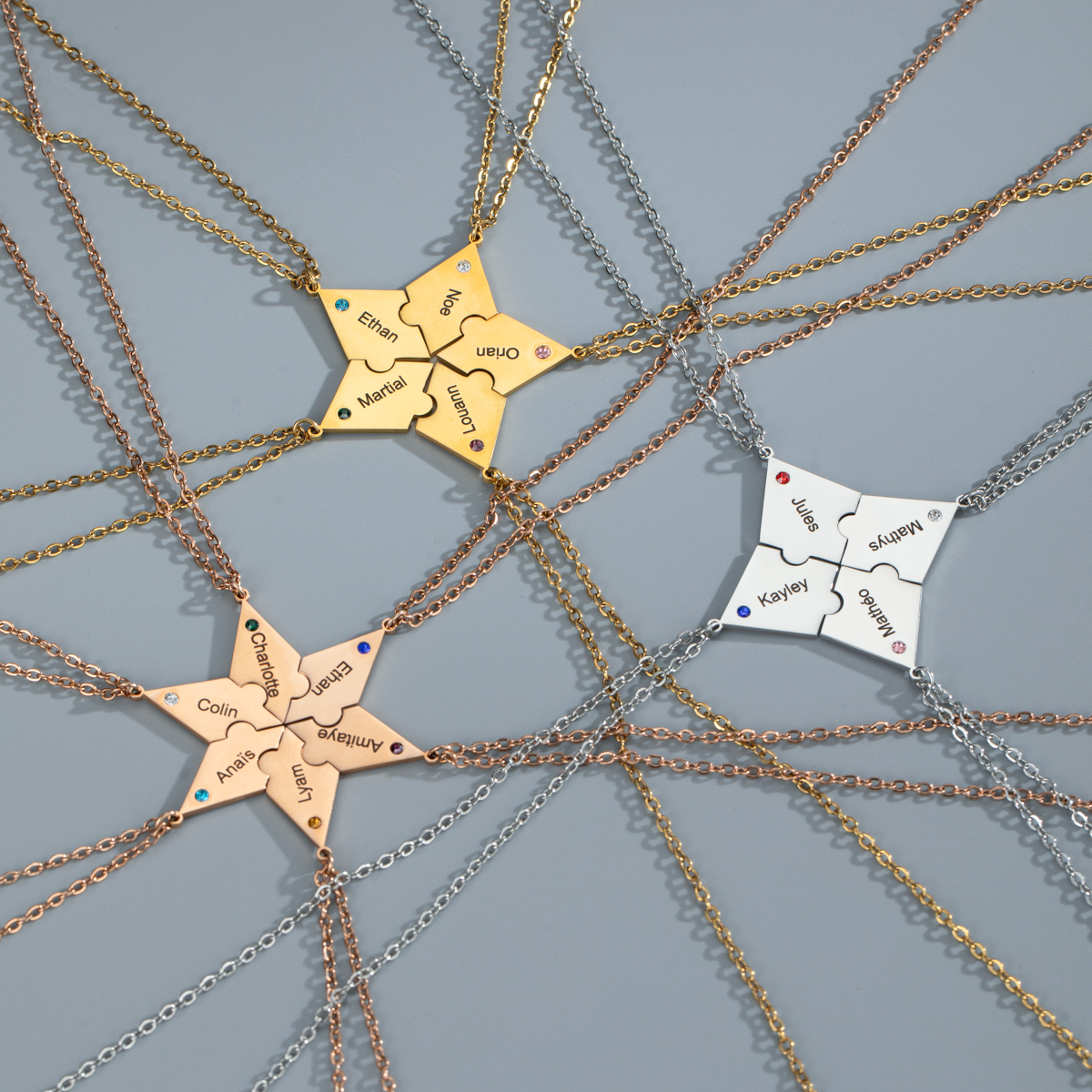Customized Multiple Name Puzzles Necklace with Birthstone