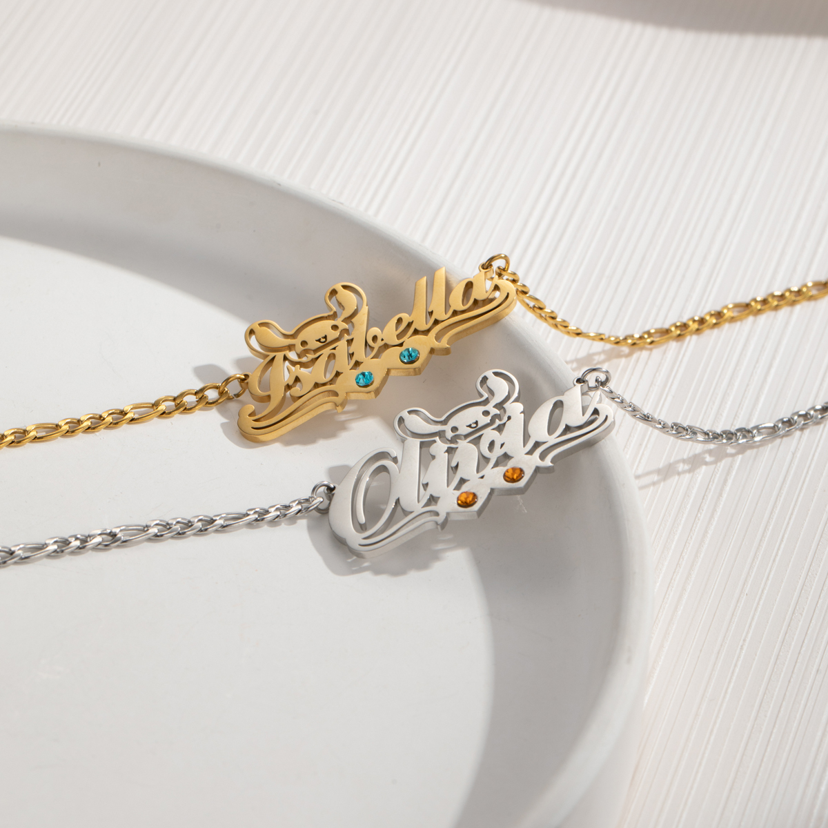 Personalized Name Necklace with Rabbit and birthstone for Birthday or Anniversary