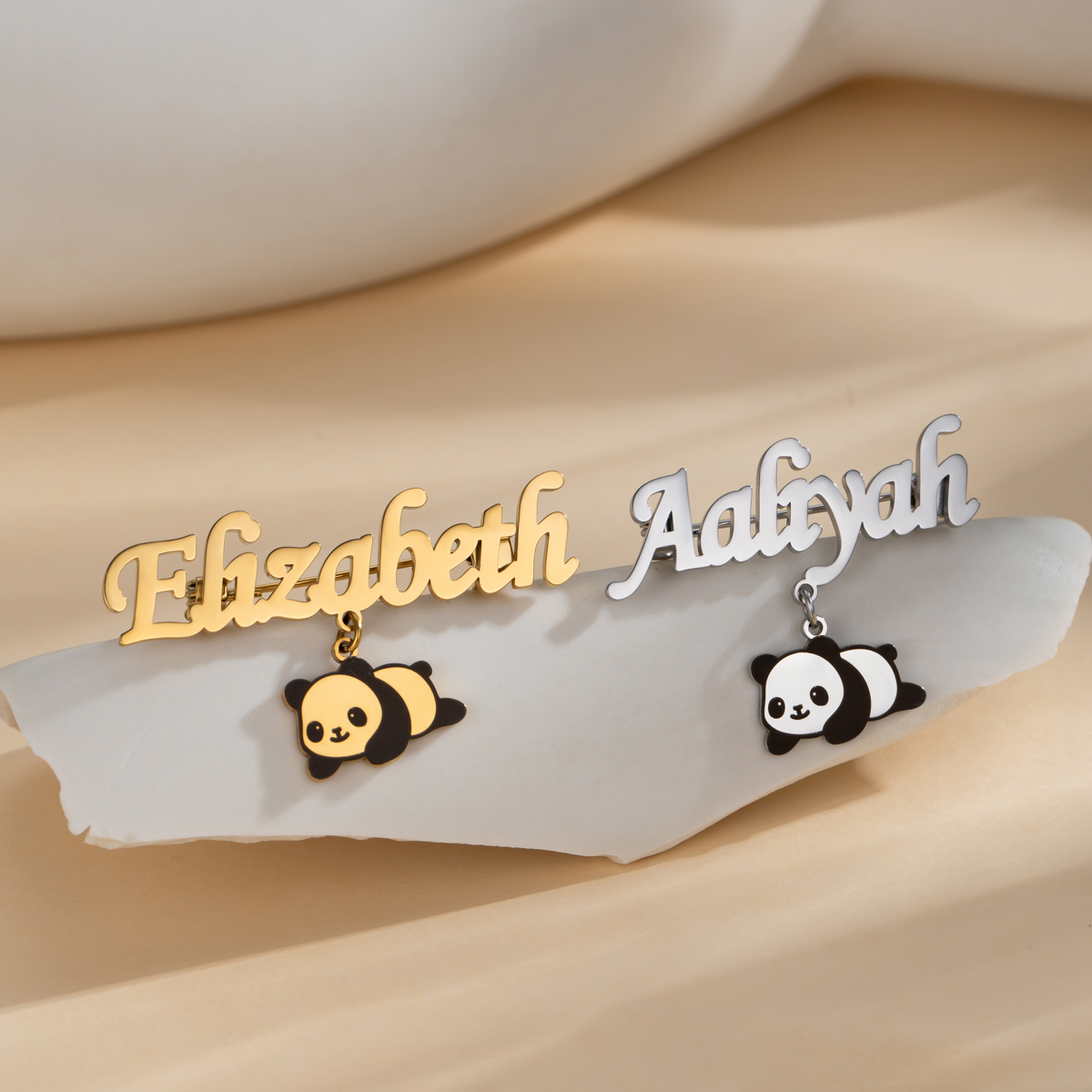 Custom Name Brooch with Panda Pendant