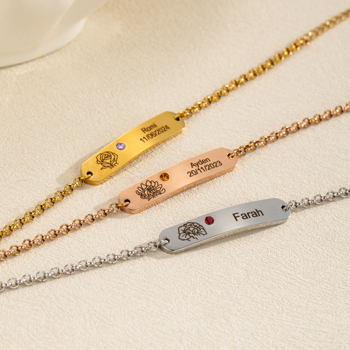 Engraved Birth Flower&Birthstone And Name Bracelets
