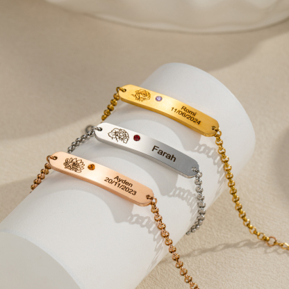 Engraved Birth Flower&Birthstone And Name Bracelets