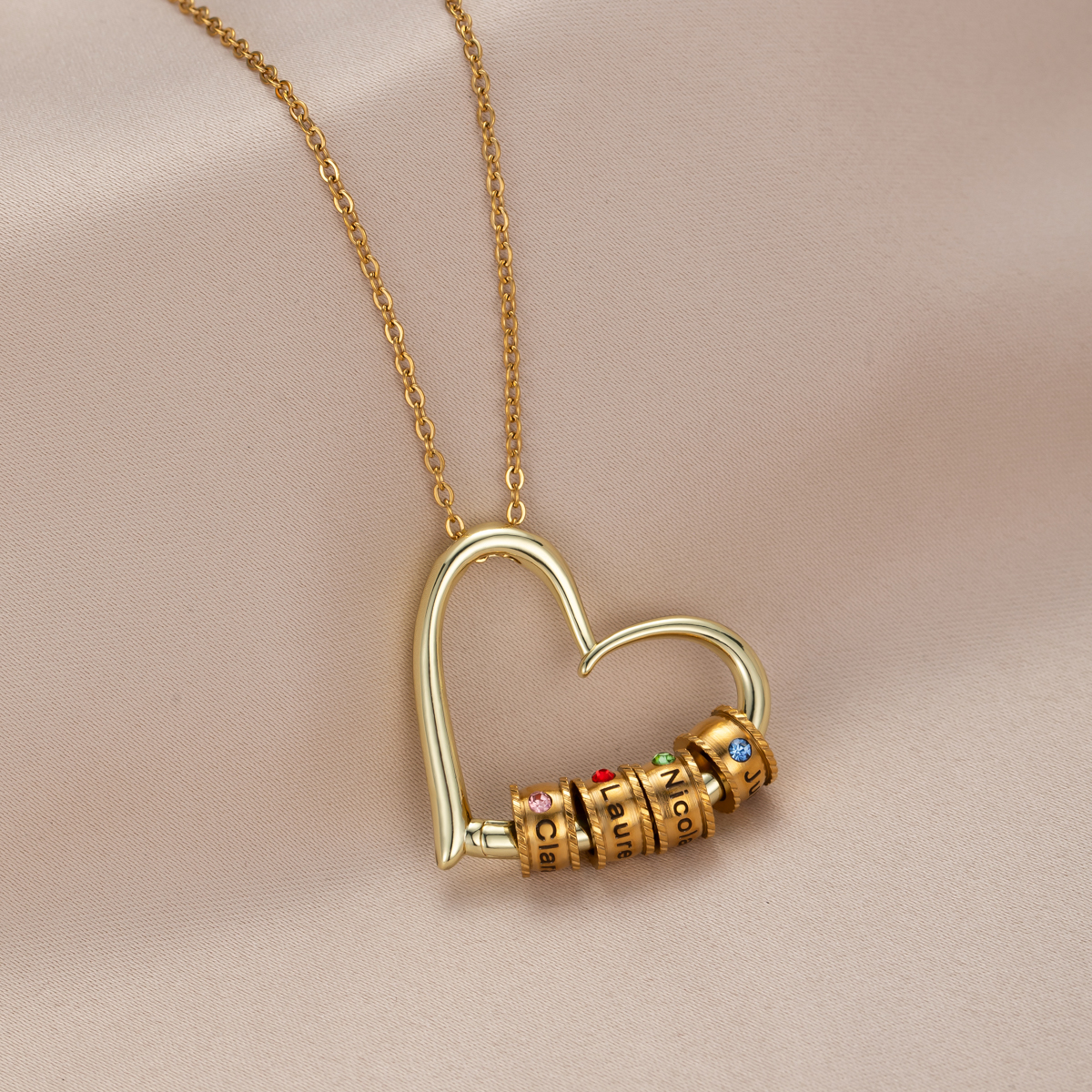 Custom Multiname Heart Pendant Necklace with Birthstone