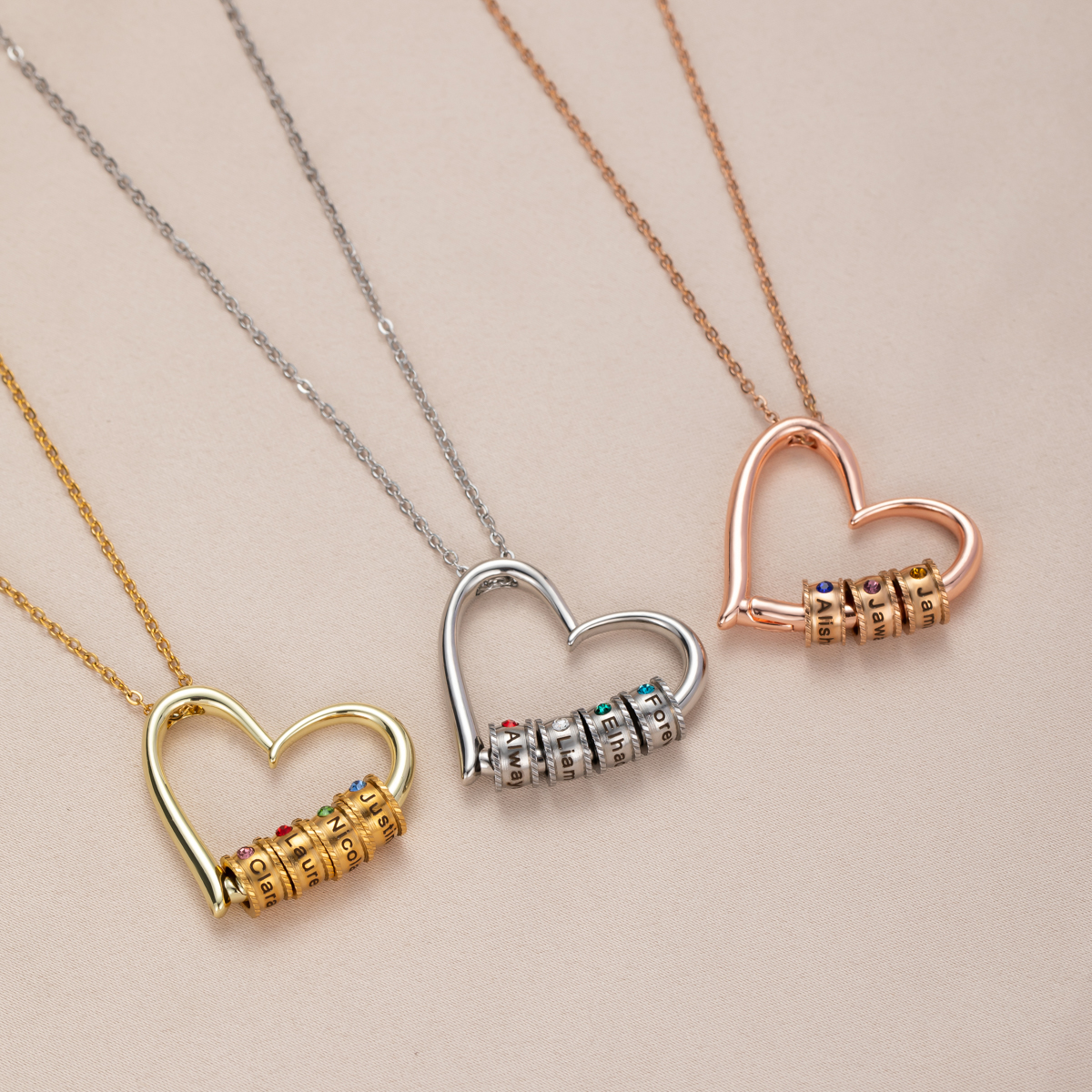 Custom Multiname Heart Pendant Necklace with Birthstone