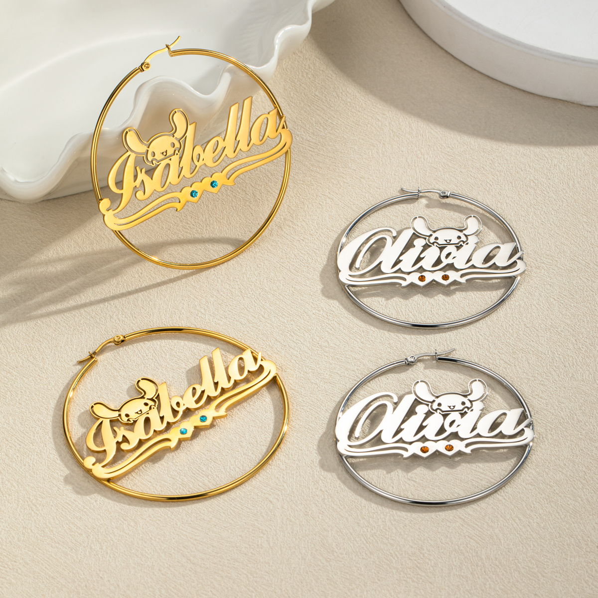 Rabbit, Love, and Birthstone Circular Hoop Earrings