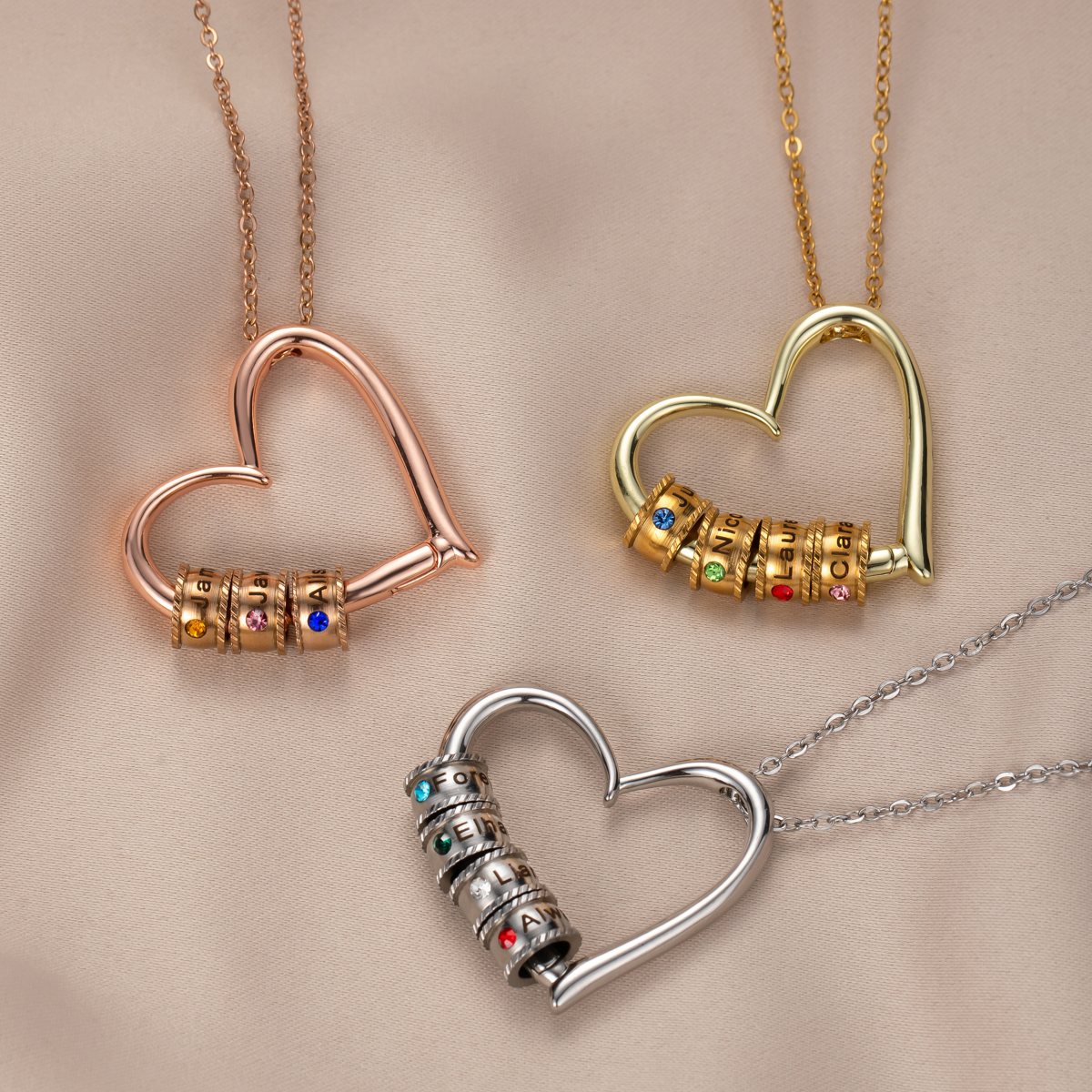 Custom Multiname Heart Pendant Necklace with Birthstone