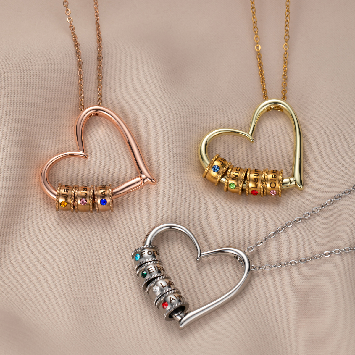 Custom Multiname Heart Pendant Necklace with Birthstone