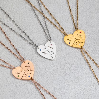 Customized Name Heart Shape Jigsaw Necklace With Birthstone