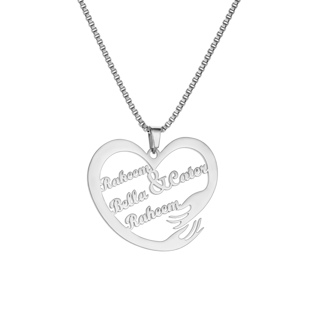 Custom Necklace with Family Names in Heart shaped Held by Two Hands