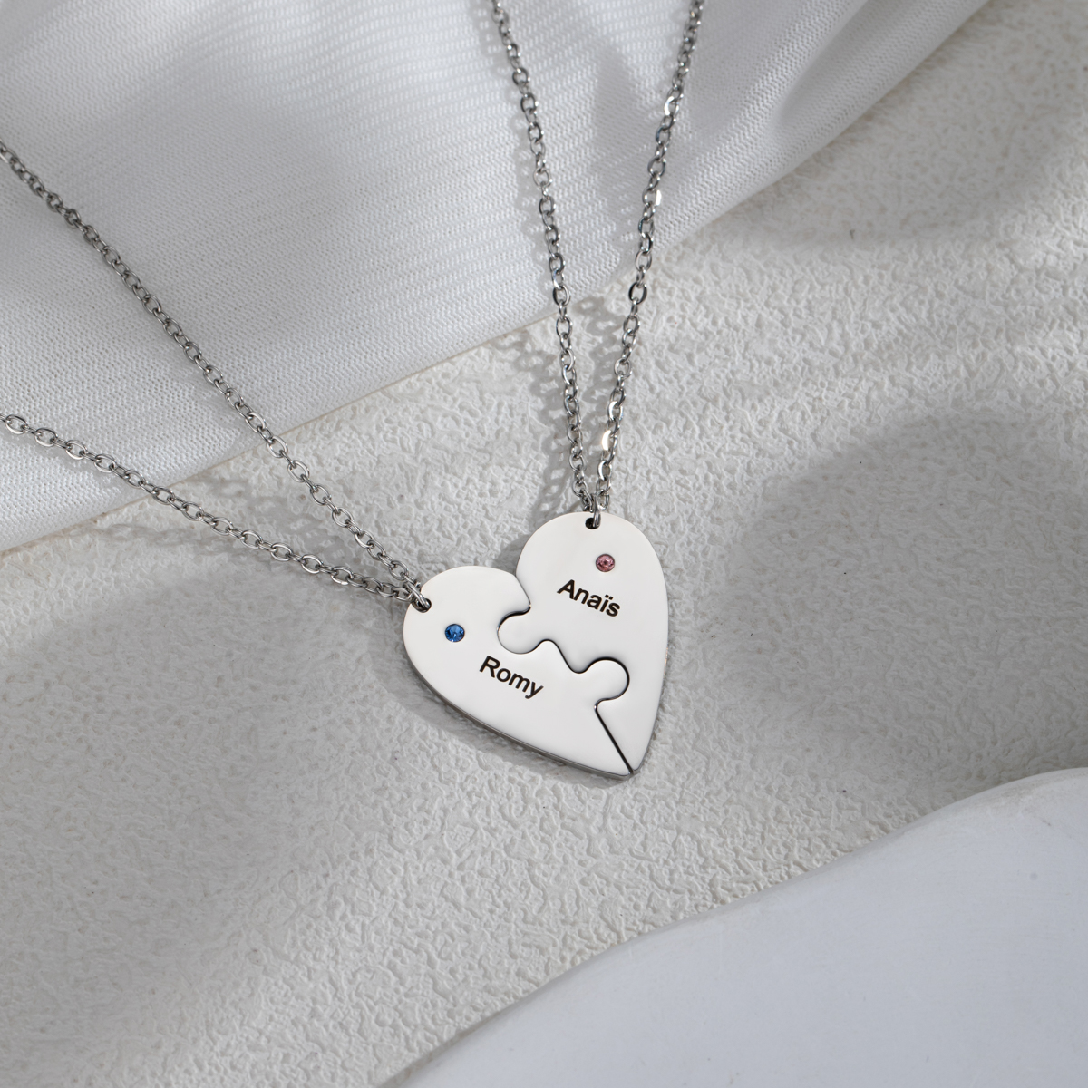 Customized Name Heart Shape Jigsaw Necklace With Birthstone