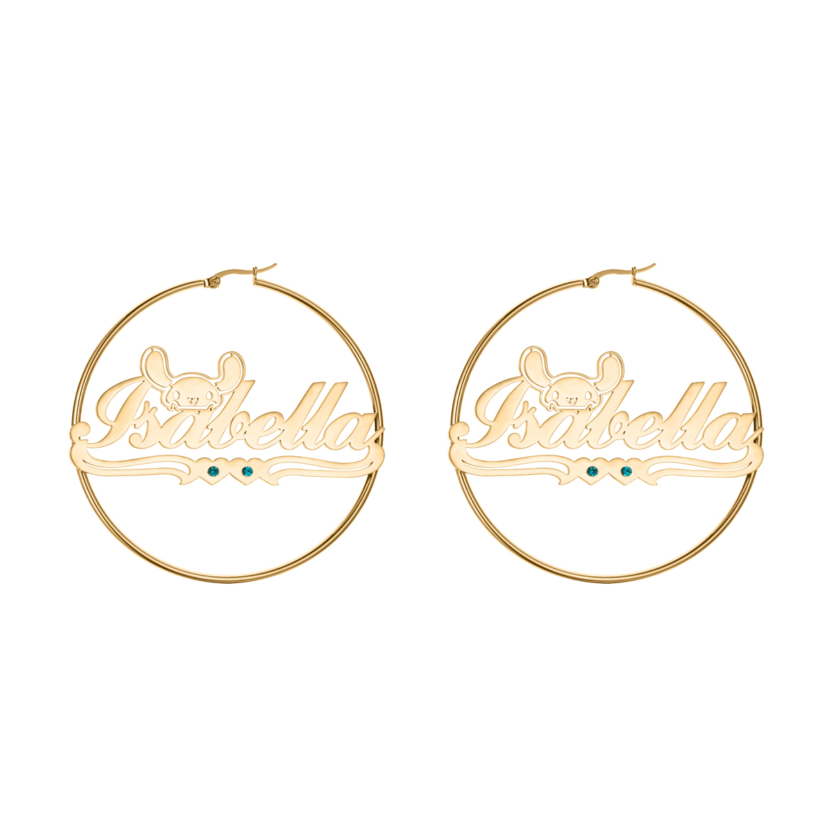 Rabbit Heart Personalized Name Hoop Earrings with Birthstone