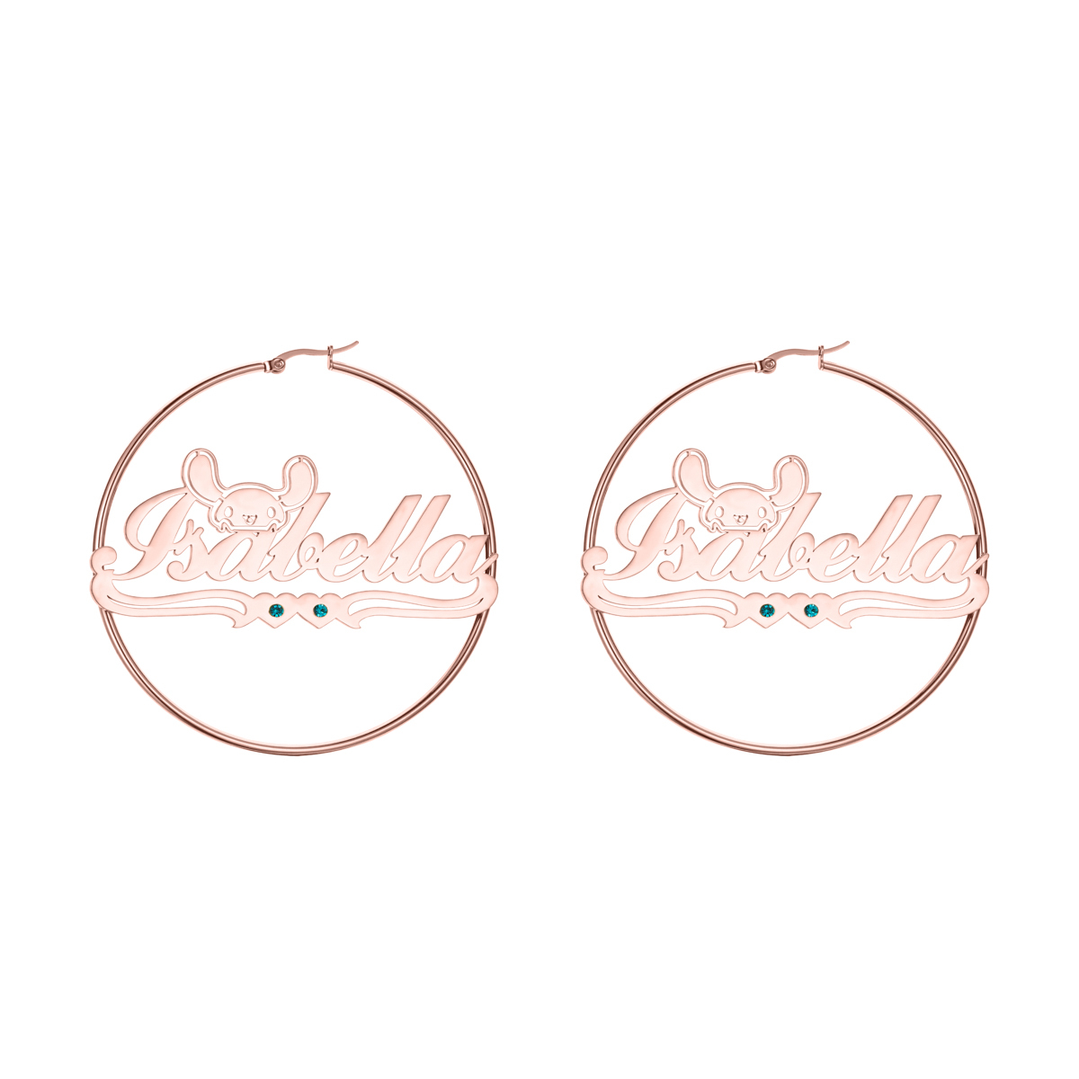 Rabbit Heart Personalized Name Hoop Earrings with Birthstone