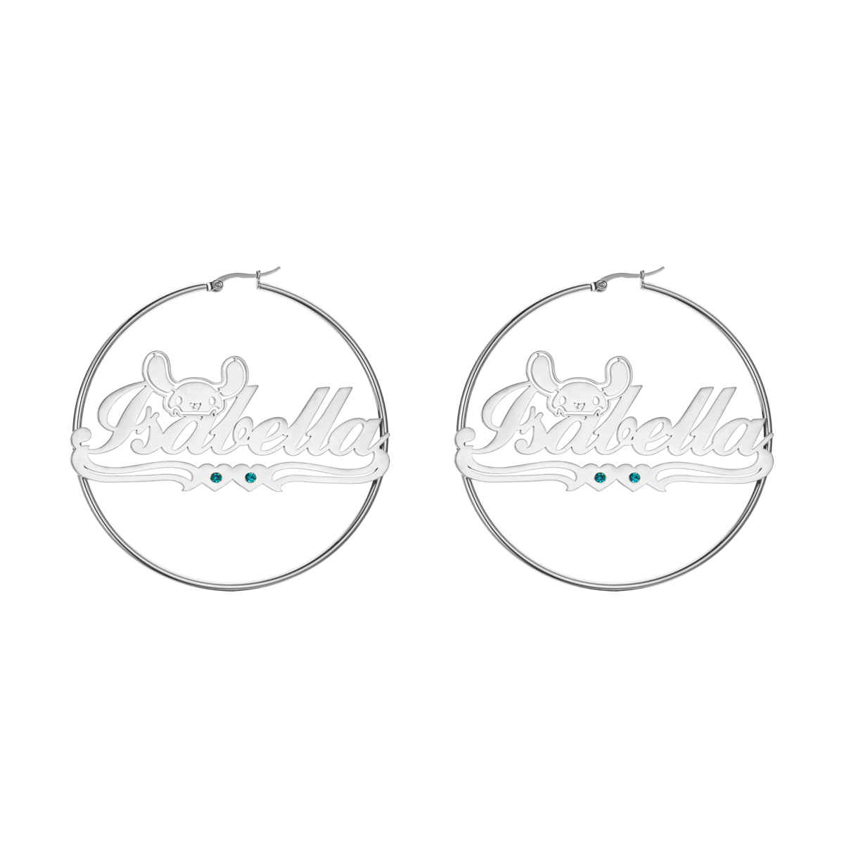 Rabbit Heart Personalized Name Hoop Earrings with Birthstone