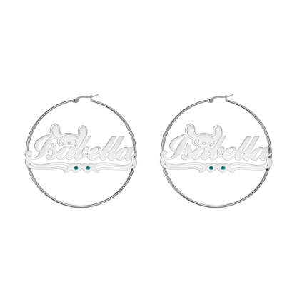 Rabbit Heart Personalized Name Hoop Earrings with Birthstone