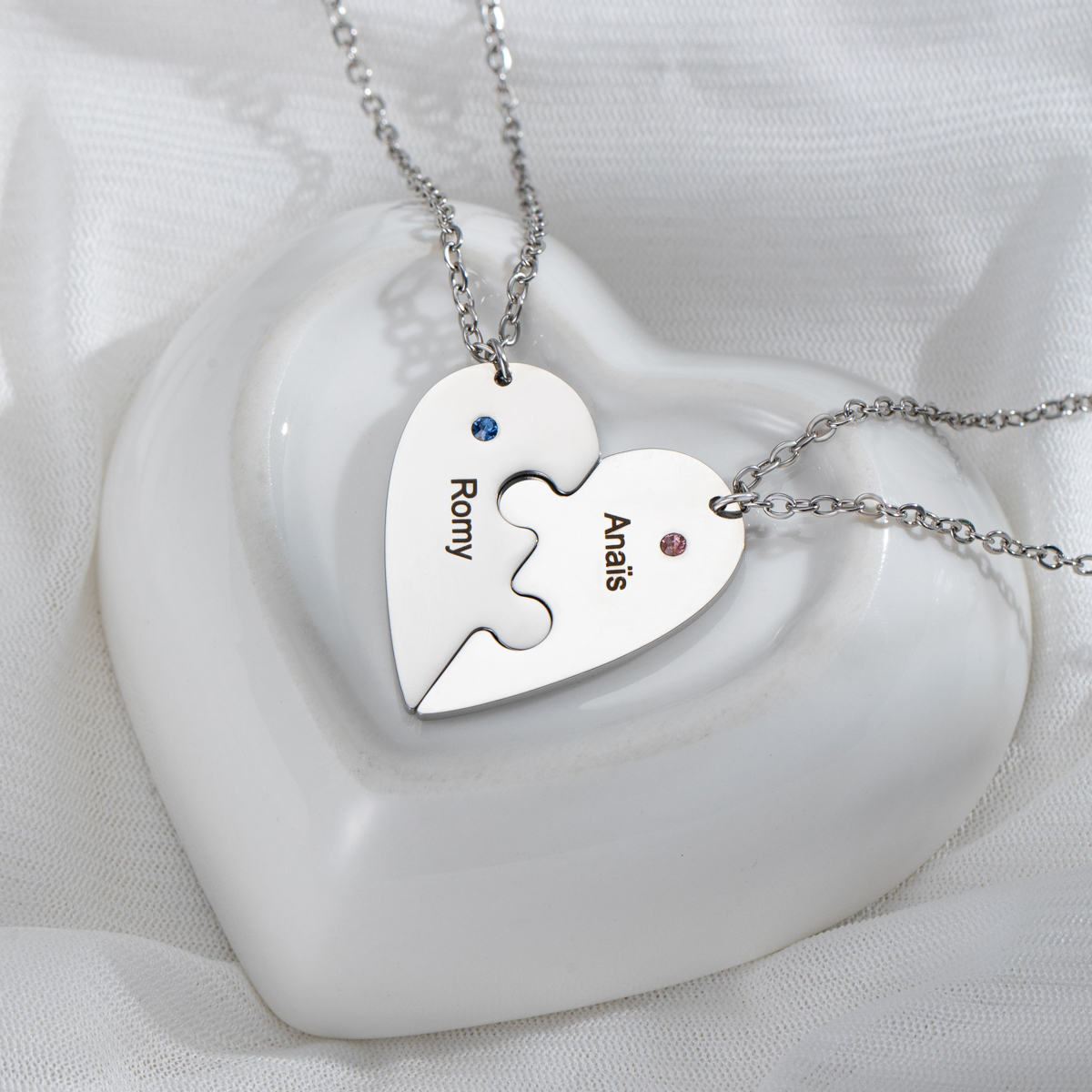 Customized Name Heart Shape Jigsaw Necklace With Birthstone