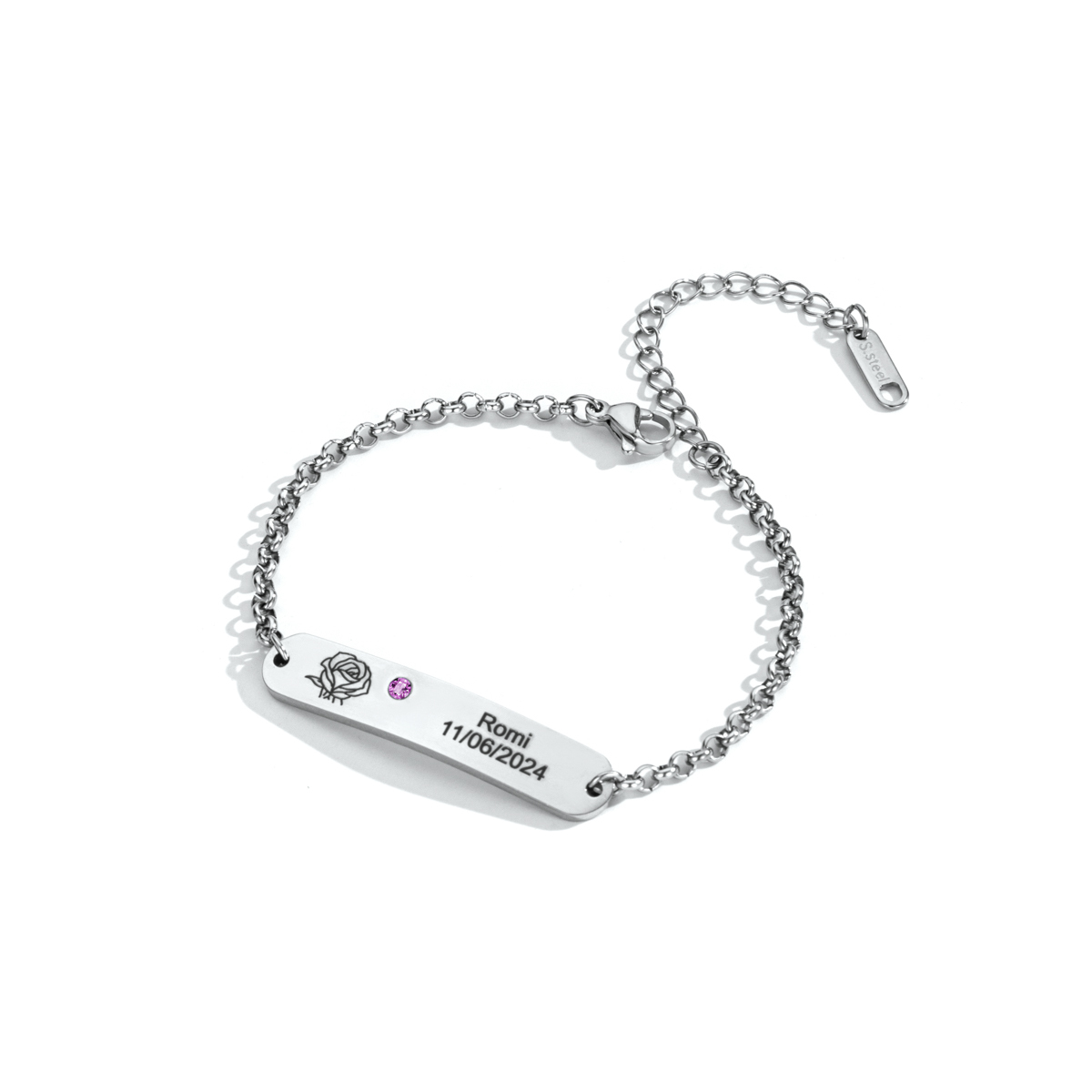 Custom Engraved Text Bracelet with Birthflower Birthstone