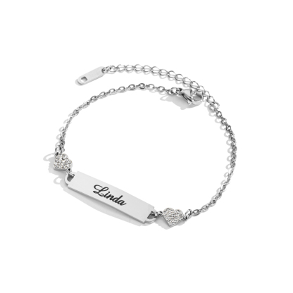 Custom Engraved Diamond Name Bracelet With Double Heart-Spefeel