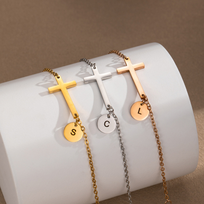 Customizable Single-letter Round Disc Cross Bracelet