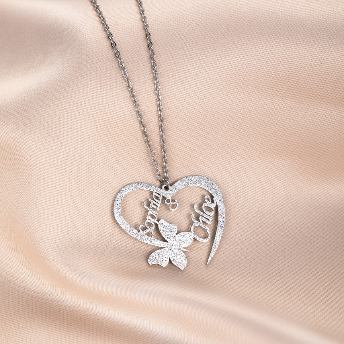 Custom Double-Name Sanding Necklace with Heart-shaped Bow