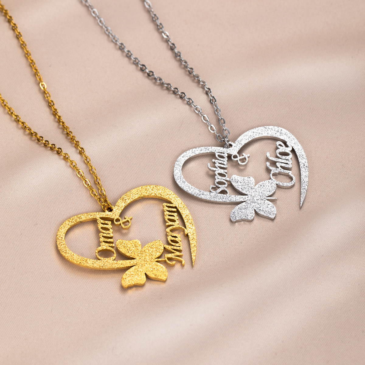 Custom Double-Name Sanding Necklace with Heart-shaped Bow