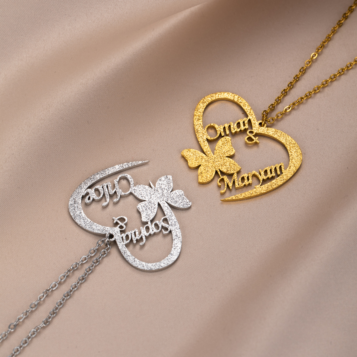 Custom Double-Name Sanding Necklace with Heart-shaped Bow