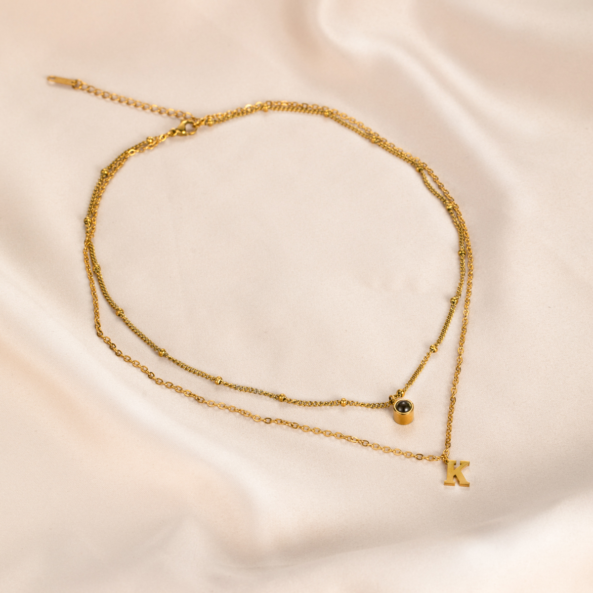 Custom Double-Layer Necklace with Letter and Photo Projection Stone