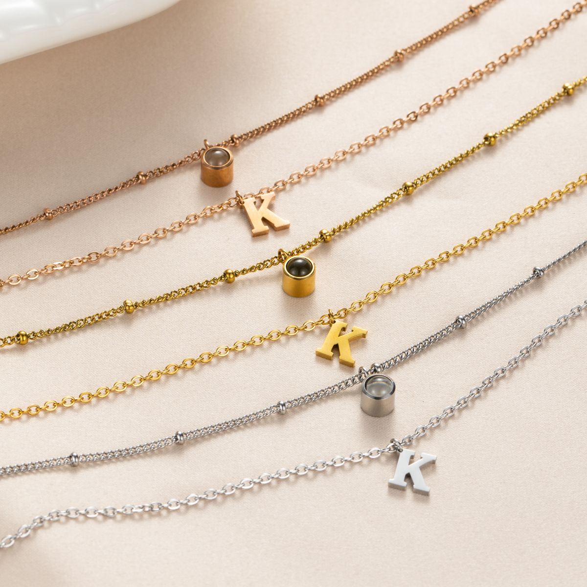 Custom Double-Layer Necklace with Letter and Photo Projection Stone