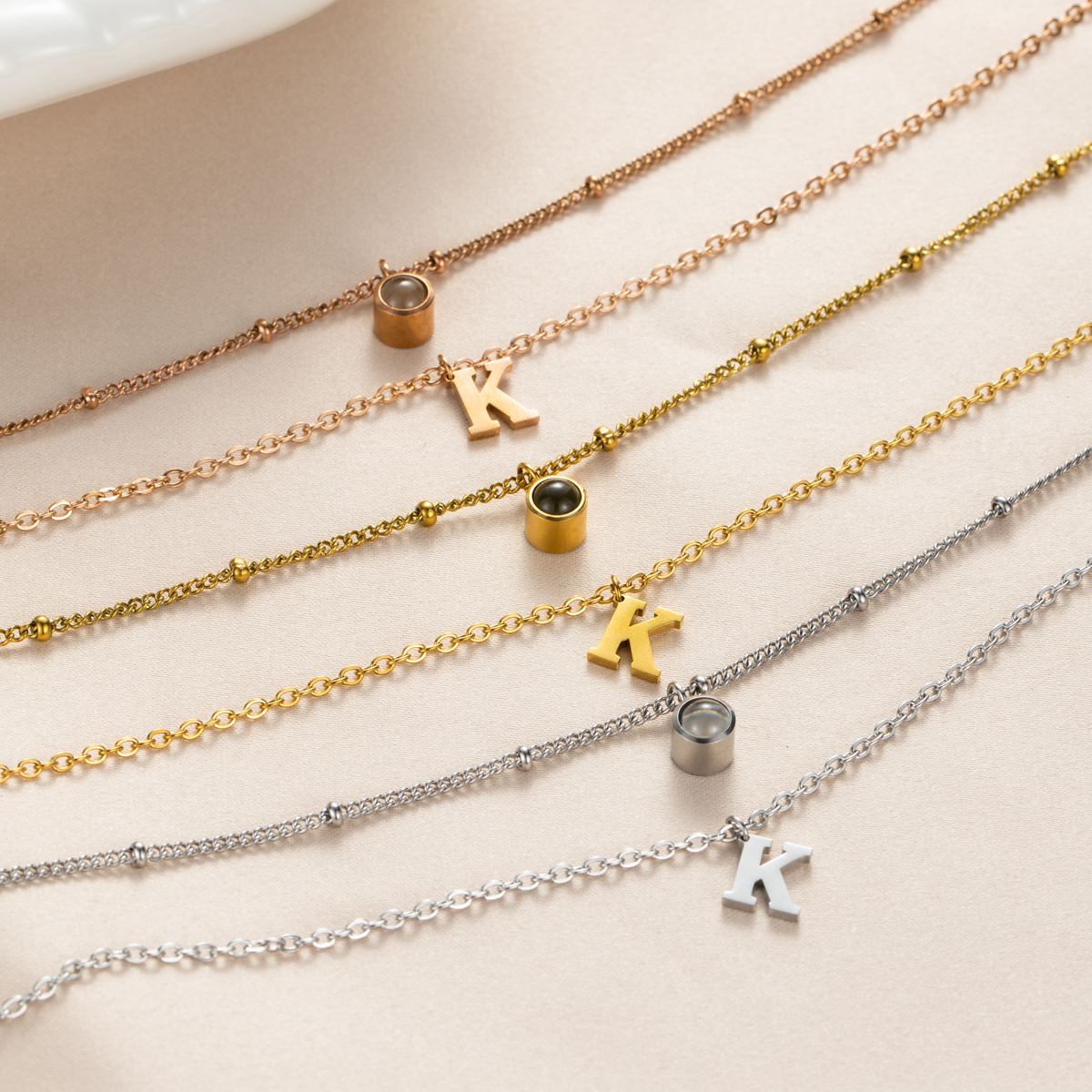 Custom Double-Layer Necklace with Letter and Photo Projection Stone