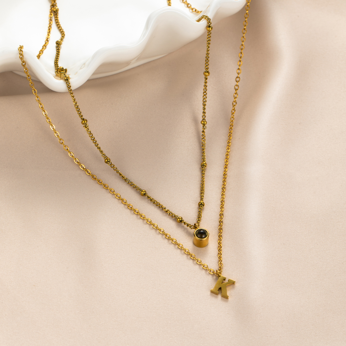 Custom Double-Layer Necklace with Letter and Photo Projection Stone