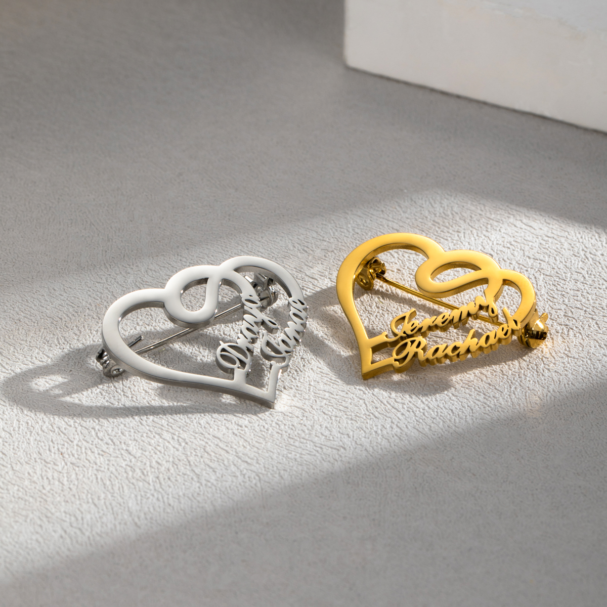 Customized Brooch With Double Names And Double Hearts