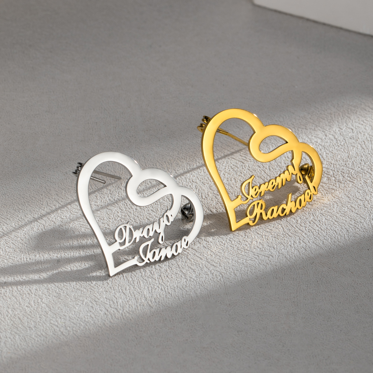 Customized Brooch With Double Names And Double Hearts