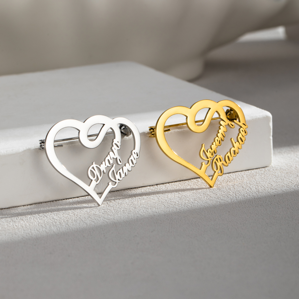 Customized Brooch With Double Names And Double Hearts