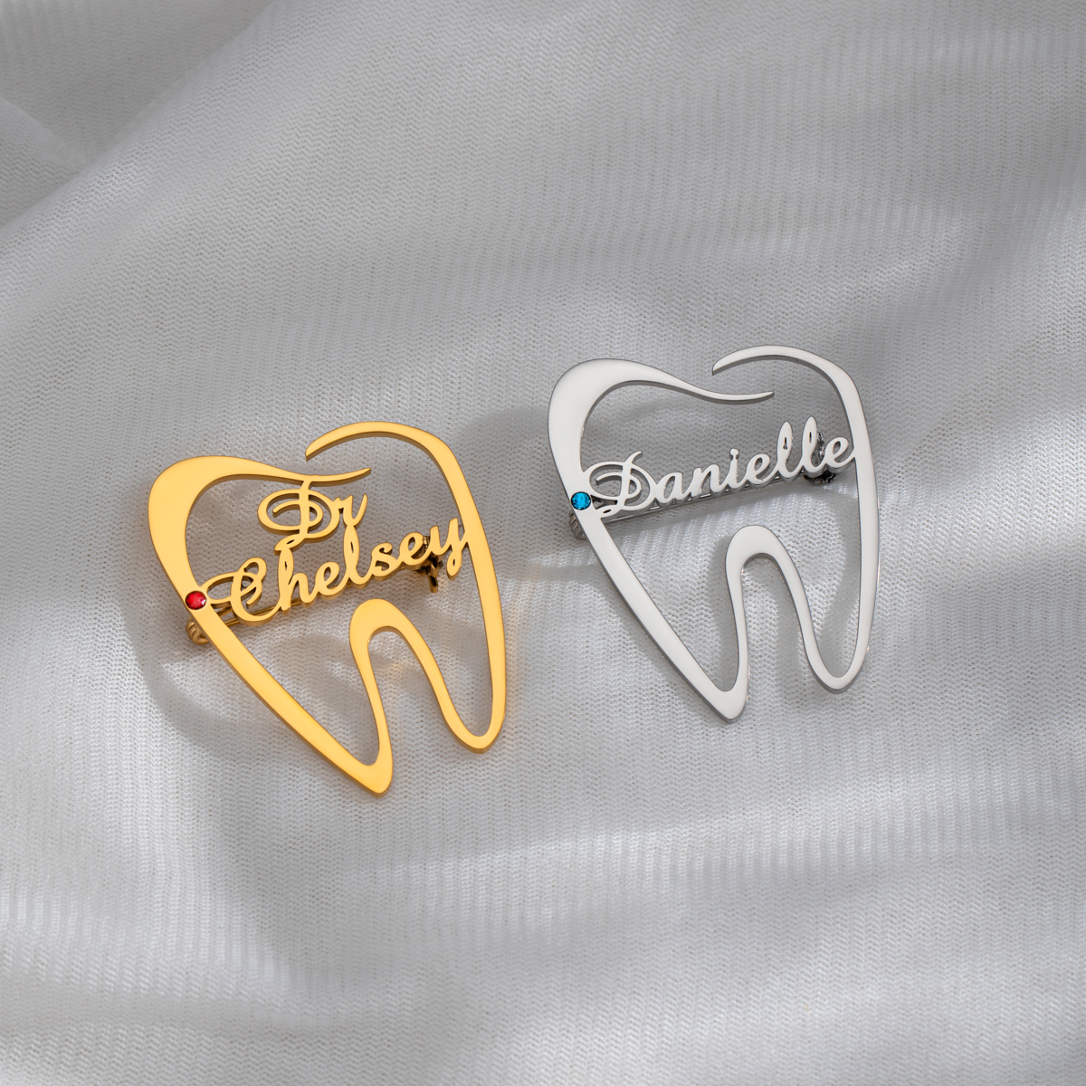 Tooth Shape Customized Name Brooch With Birthstone