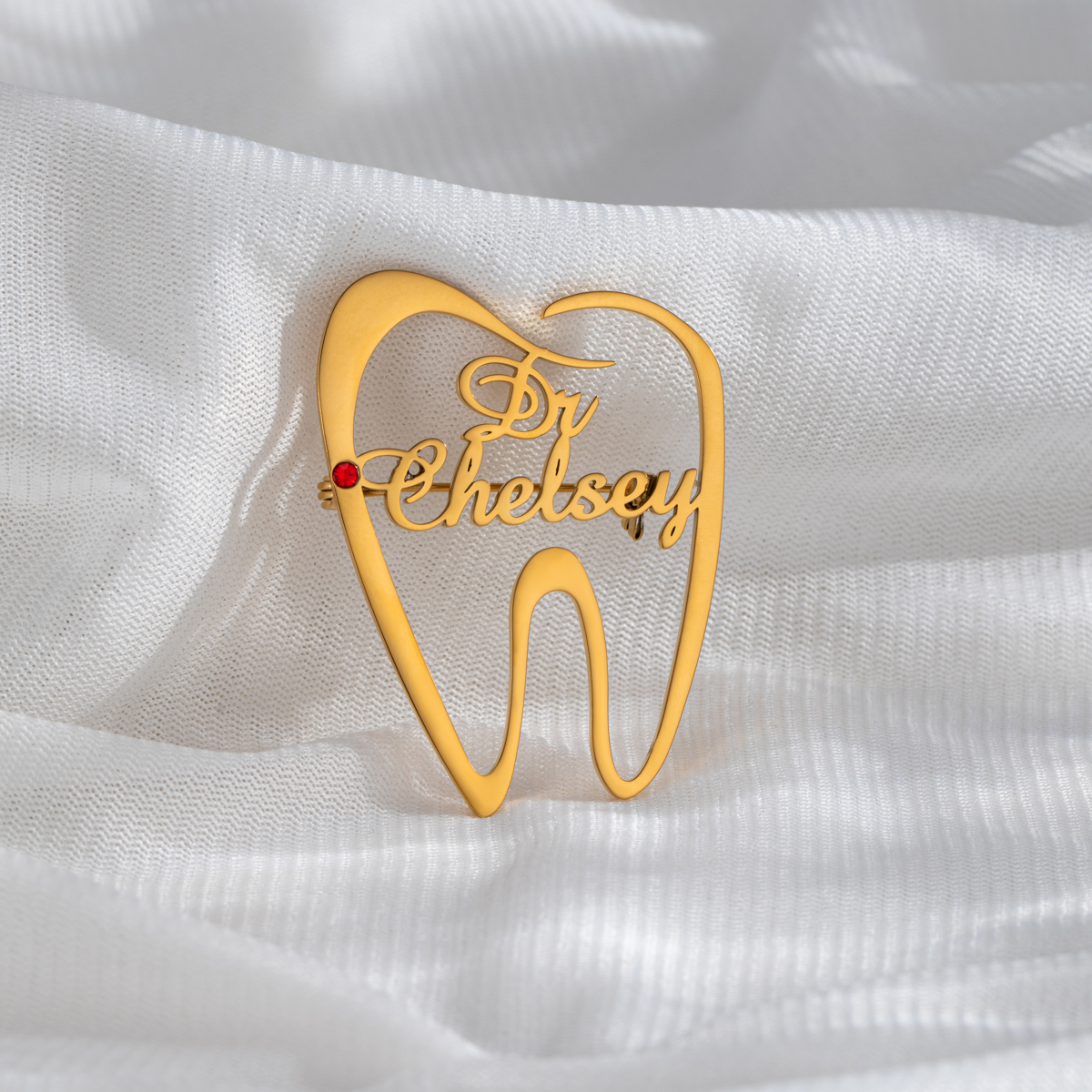 Tooth Shape Customized Name Brooch With Birthstone