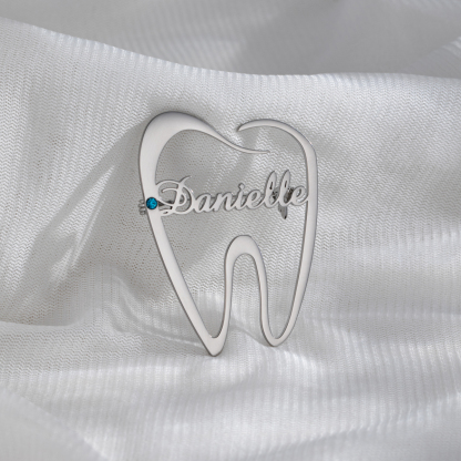 Tooth Shape Customized Name Brooch With Birthstone