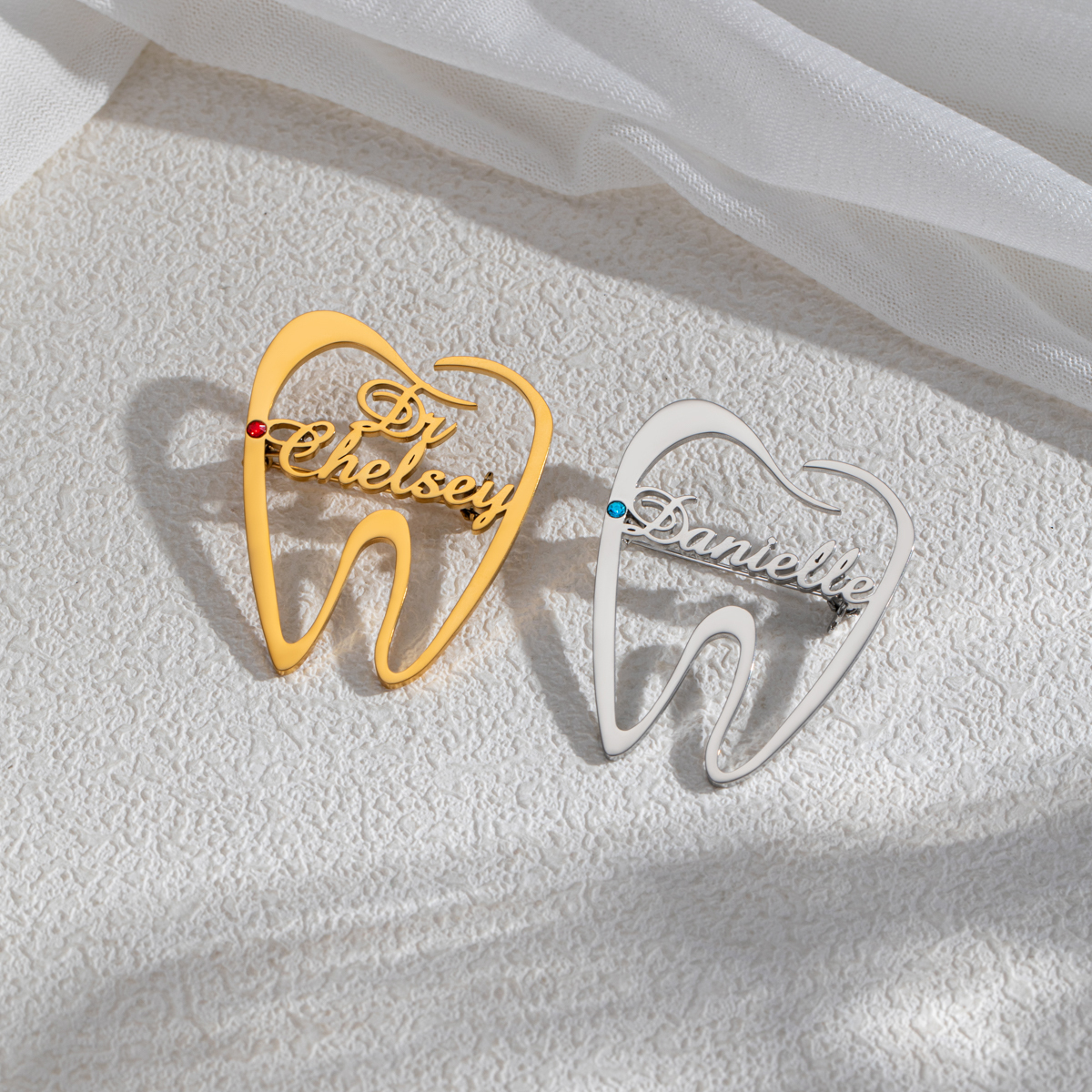 Tooth Shape Customized Name Brooch With Birthstone