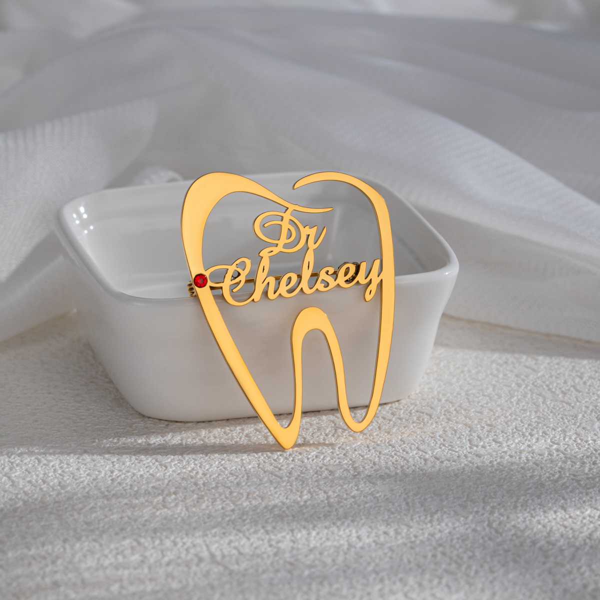 Tooth Shape Customized Name Brooch With Birthstone