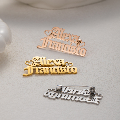 Old English Two Names Heart Token Brooch