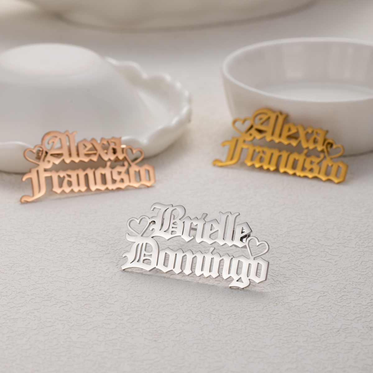 Old English Two Names Heart Token Brooch