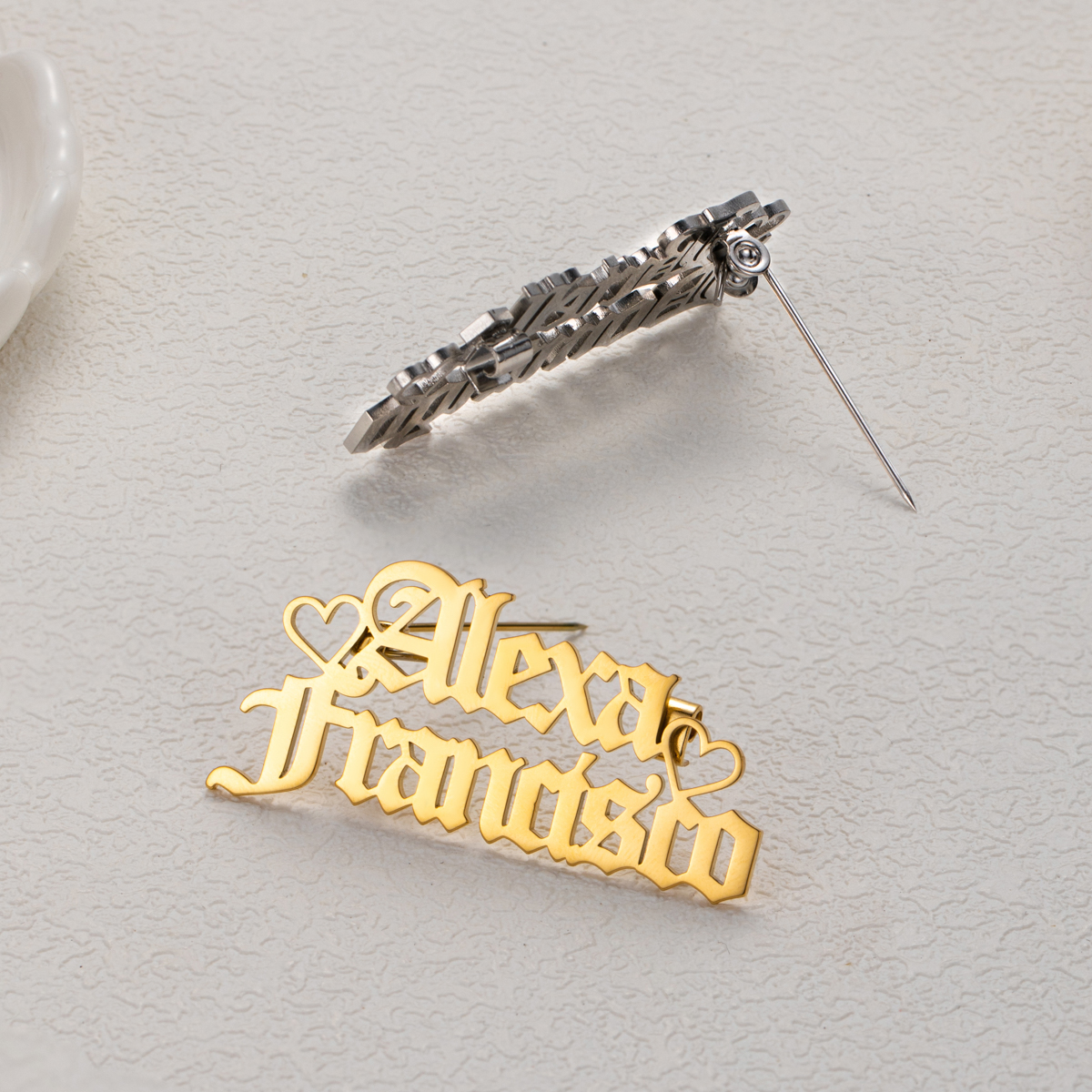 Old English Two Names Heart Token Brooch