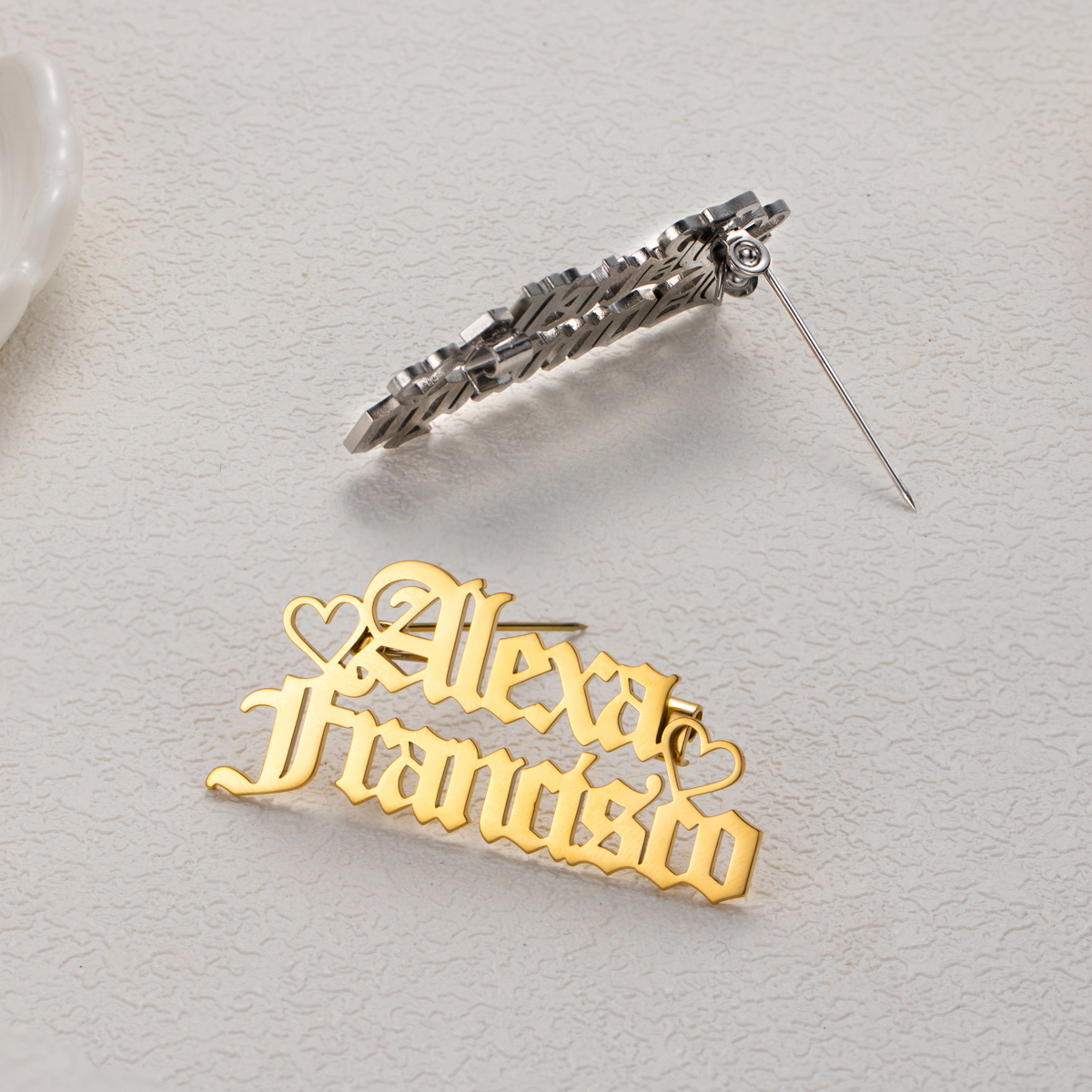 Old English Two Names Heart Token Brooch