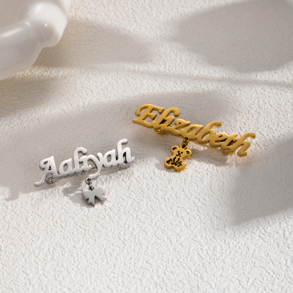 Name Brooch with Butterfly or Bear Pattern Pendant