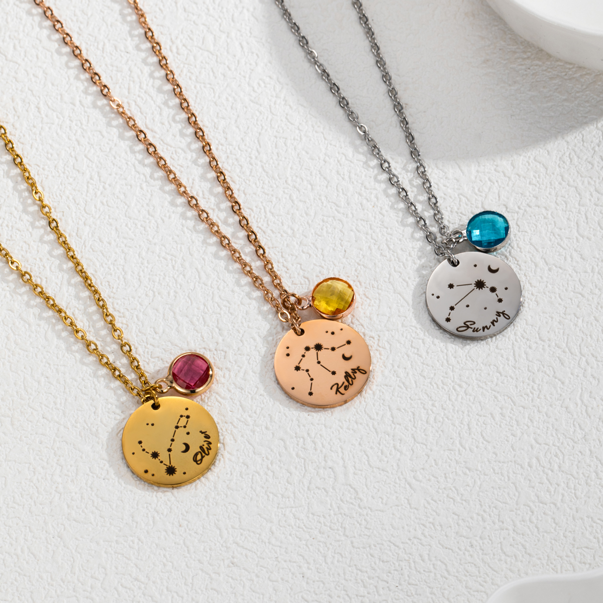 Carved Constellation Round Customized Birthstone Pendant Necklace