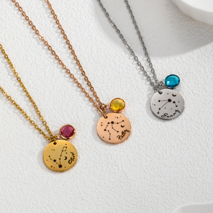Carved Constellation Round Customized Birthstone Pendant Necklace