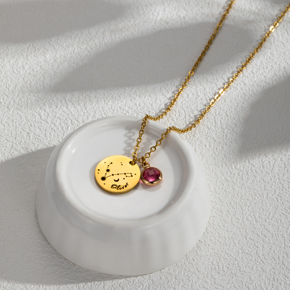 Carved Constellation Round Customized Birthstone Pendant Necklace