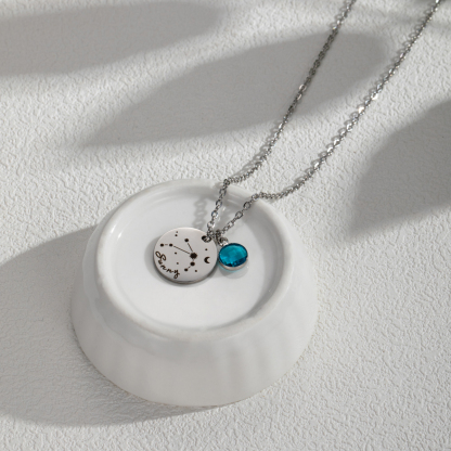 Carved Constellation Round Customized Birthstone Pendant Necklace