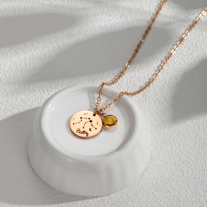 Carved Constellation Round Customized Birthstone Pendant Necklace